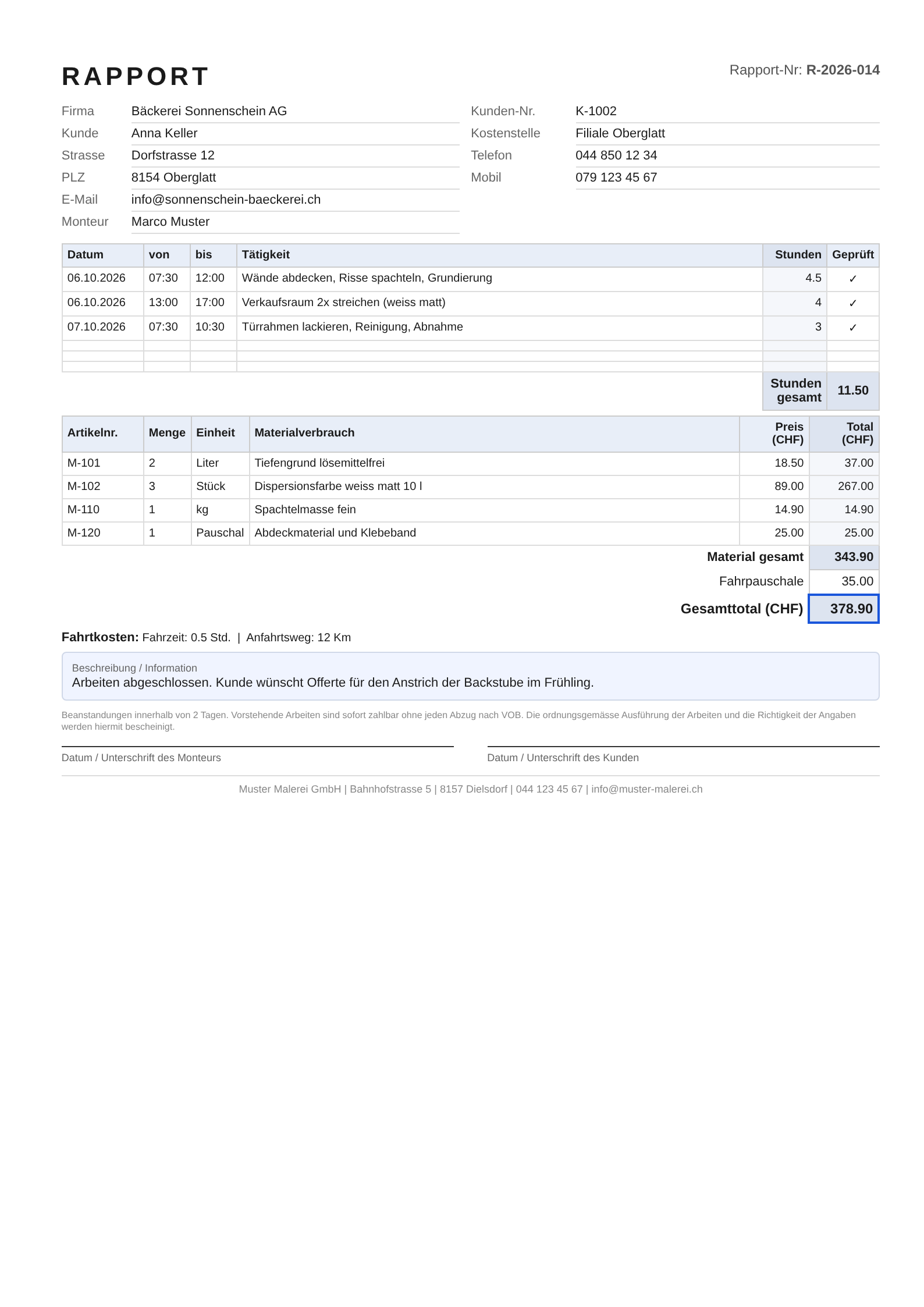 Arbeitsrapport mit Zeit und Material